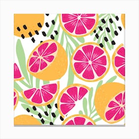 Grapefruit Pattern On White With Floral Decoration Square Canvas Print