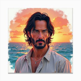 Watercolor Portrait Of Keanu Reeves In A Tranquil Sunset Over The Ocean Canvas Print