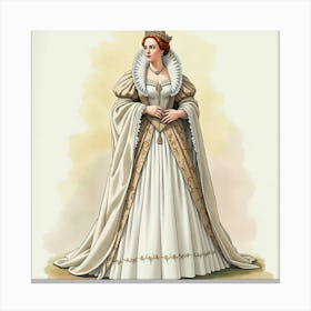 Watercolor Portrait Of Queen Elizabeth I, Detailed Attire, Majestic Pose 1 Canvas Print