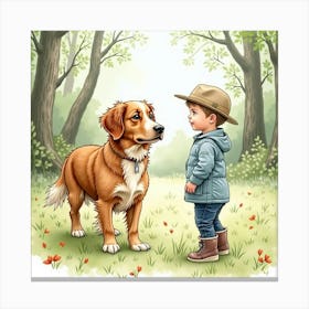 Watercolor Of A Nova Scotia Duck Tolling Retriever And Child In The Woods 1 Canvas Print