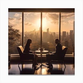 Two persons having a conversation in a room with large windows overlooking a city scape Canvas Print