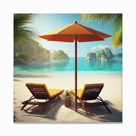 Two Lounge Chairs On The Beach Canvas Print