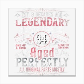 Vintage 34 Years Aged Perfectly Womens 34th Birthday Canvas Print