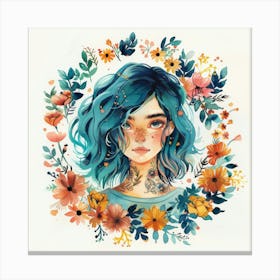 Girl With Blue Hair And Flowers 1 Canvas Print