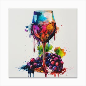 Vibrant Watercolor Painting Of A Wine Glass Filled With Wine Dripping Canvas Print