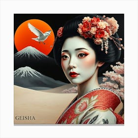 Geisha In Landscape With Bird Canvas Print