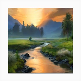 Sunset Over A River Canvas Print