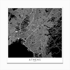 Athens Black And White Map Square Canvas Print