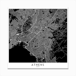 Athens Black And White Map Square Canvas Print