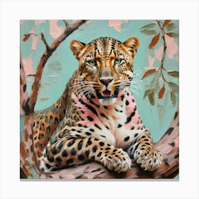 Stunning Leopard Looking At Camera Sitting In Tree Shades Of Blush Pink Pale Blue Canvas Print