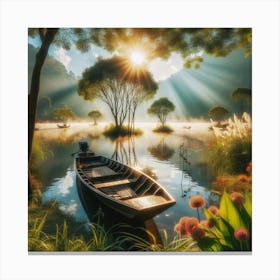 A tranquil scene of a wooden boat floating on a still lake. Canvas Print