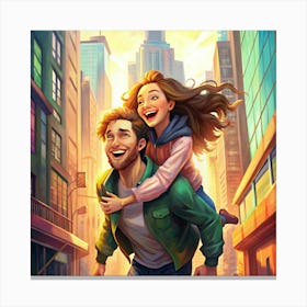 Smiling Couple Walking In The City Canvas Print