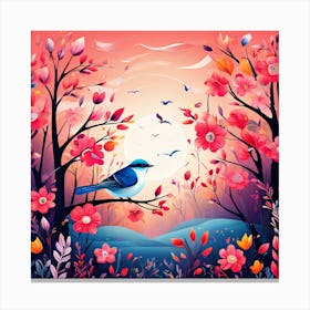 A Bright Toned Design With Flowers And Leaves Trees And Birds A Beautiful And Simple Picture Bird In The Forest Canvas Print