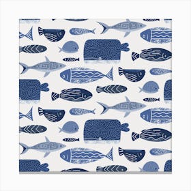 Blue Fish Whales Bathroom Pattern Leinwandbild