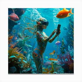 Surreal Digital Art Of A Creature Morphing Into An Aquatic Futuristic Smartphone Whimsical Vibrant Canvas Print