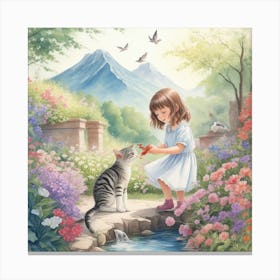 Little Girl Feeding Cat Canvas Print