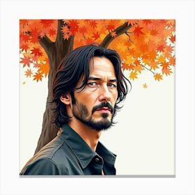 Watercolor Portrait Of Keanu Reeves Under A Vibrant Autumn Tree Canvas Print