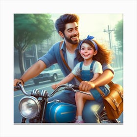 Father And Daughter On A Motorcycle Canvas Print