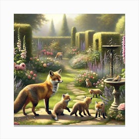 Foxes In The Garden Vintage Canvas Print