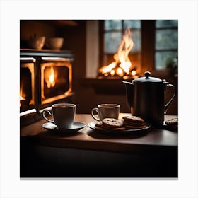 Two Cups Of Coffee In Front Of A Fireplace Canvas Print