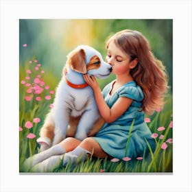 Little Girl Kissing Dog Canvas Print
