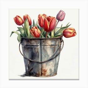 Tulips In A Metal Bucket Canvas Print