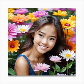 Beautiful Asian Girl In Flowers Photo Canvas Print