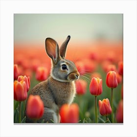 Rabbit In A Blooming Tulip Field 1 Canvas Print