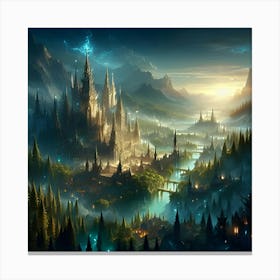 An Intricate High Fantasy Digital Art Piece, Focusing On A Sprawling Elven City Nestled In An Ancient Forest, Bathed In The Ethereal Twilight Glow 3 Canvas Print