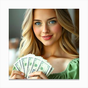 Beautiful Blonde Woman Holding Money 1 Canvas Print