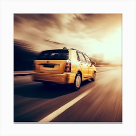 Yellow Taxi On The Road At Sunset Canvas Print