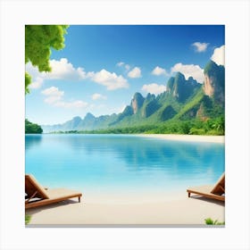 Beach Scene With Lounge Chairs Canvas Print