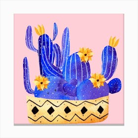 Golden Pot And Cactus Composition Square Canvas Print