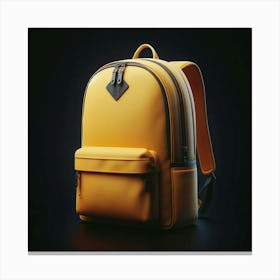 A bright yellow backpack is sitting on a reflective surface with a black background. The backpack is made of a smooth material and has two zippered compartments, a front pocket with a flap, and two side pockets. The shoulder straps are adjustable and there is a carrying handle at the top. The backpack is perfect for carrying books, supplies, and other essentials. Canvas Print