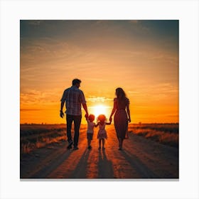 A Family Immersed In A Content Moment Walking Hand In Hand Against A Background Of A Sunset Graduall (5) Canvas Print