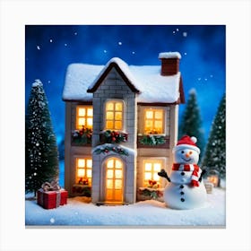 Miniature House Aglow With Warm Lights Nestled In A Snowy Landscape A Snowman Standing Sentinel Nea (1) Canvas Print