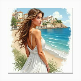 Beautiful Greek Woman In Watercolor, With The Scenic Charm Of A Seaside Village In The Distance 1 Canvas Print