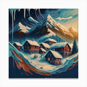 Abstract painting of a mountain village with snow falling 9 Canvas Print