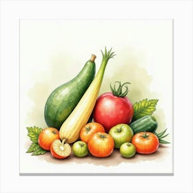 Charming Watercolor Scene Of Fresh Produce With A Refined And Artistic Finish 1 Canvas Print