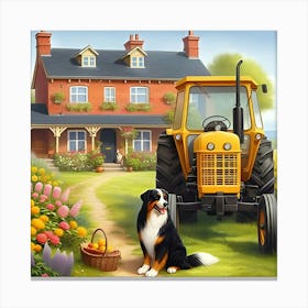 A Yellow Tractor In Front Of A Farm House 2 Canvas Print