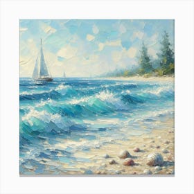 Sailing Boat On The Beach, Acrylic Painting Style 2 Canvas Print