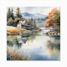 Watercolor Of A House By The Lake Canvas Print