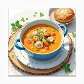 Watercolor Scene Of A Rich And Creamy Seafood Chowder On A Stylish Table Canvas Print