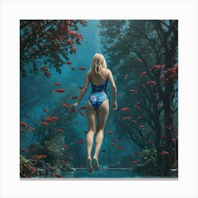 Girl Swimming With Red Fish Canvas Print