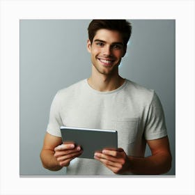 Happy Young Man Using Tablet Computer Canvas Print