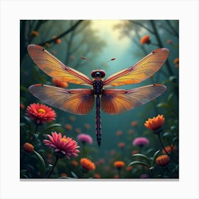 An Abstract Dragonfly With Fractal Wings Fluttering In A Vibrant, Otherworldly Garden Canvas Print