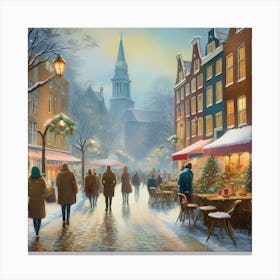 8Amsterdam cafes, winter season, Christmas, autumn oil colors, pale colors, pedestrians in the street, winter clothes, falling snow.8 Leinwandbild