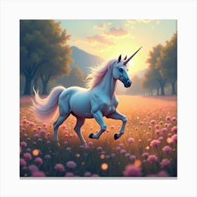 A Graceful Unicorn Prancing Through A Field Of Wild, Glowing Flowers 1 Canvas Print