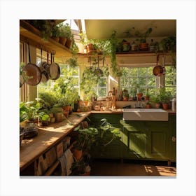 Green Kitchen With Potted Plants Canvas Print