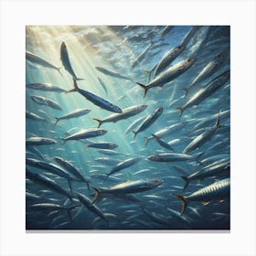 Sardines Art Prints: A school of sardines swimming in the ocean, with the sunlight filtering through the water and the fish shimmering and gleaming. The scene is rendered in a realistic, painterly style. Canvas Print